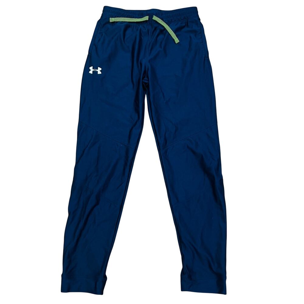 Under Armour Boy's Jogger Pants Athletic Blue Neon Green Heat Gear Fitted Large